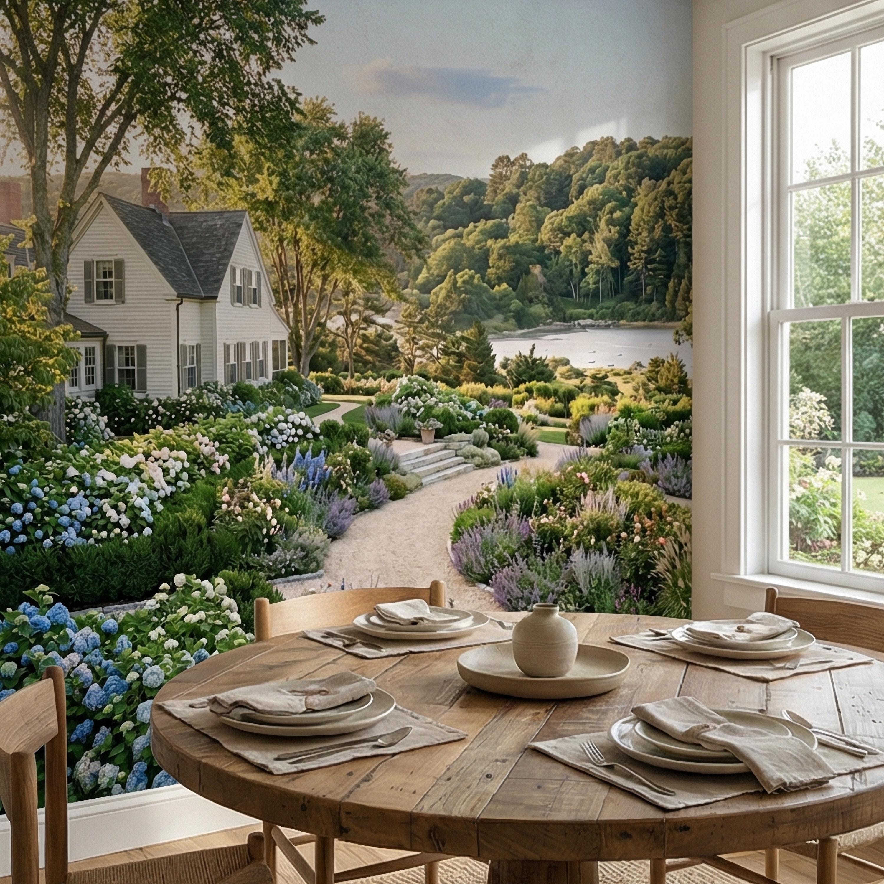 Hamptons Hydrangea Garden Peel and Stick Wall Mural, New England Coastal Estate Landscape Wallpaper