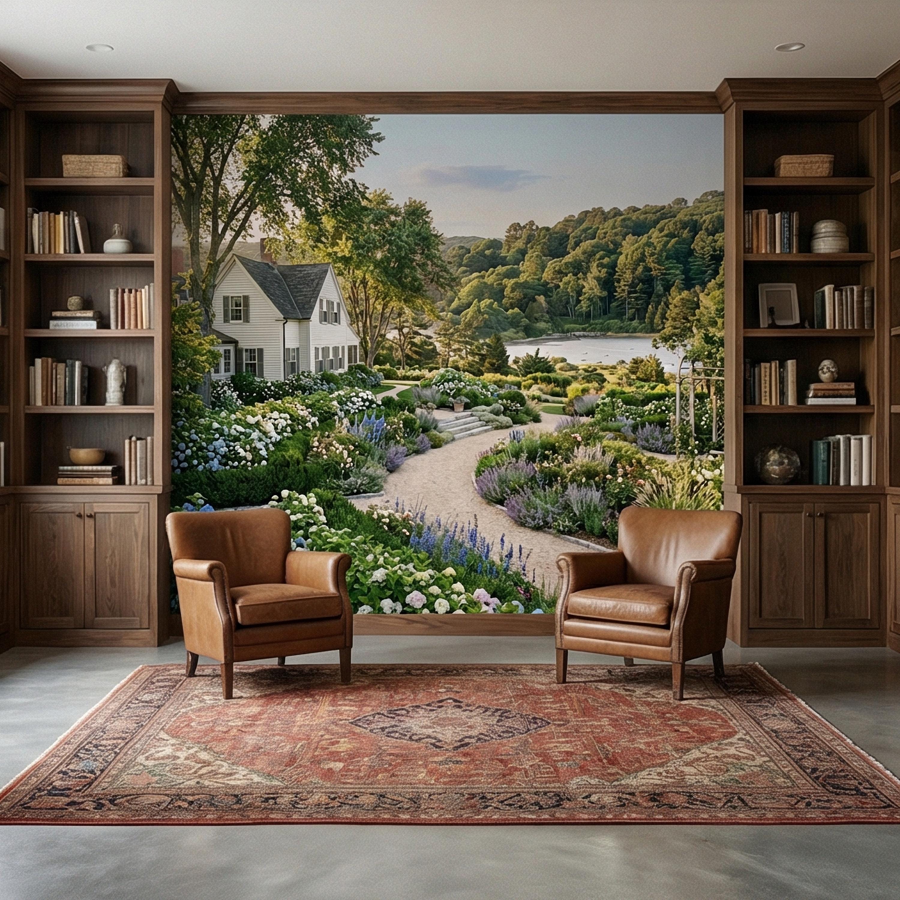Hamptons Hydrangea Garden Peel and Stick Wall Mural, New England Coastal Estate Landscape Wallpaper