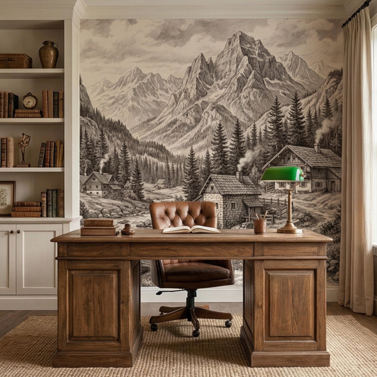 Mountain cabin village wall mural with detailed snow, fir trees, and rugged mountain range