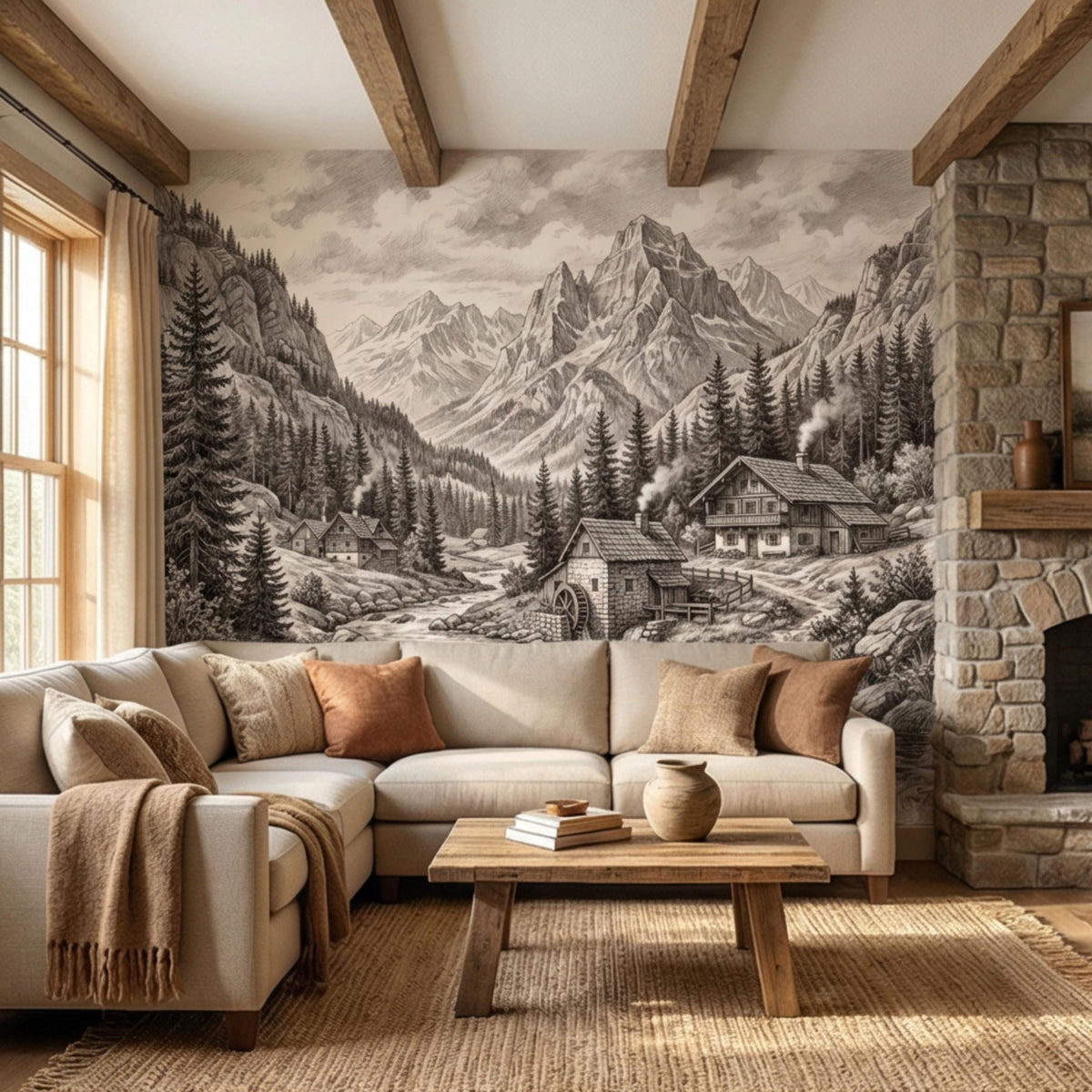 Alpine mountain landscape wall mural showing pine forest, stone cabin buildings, and peaks
