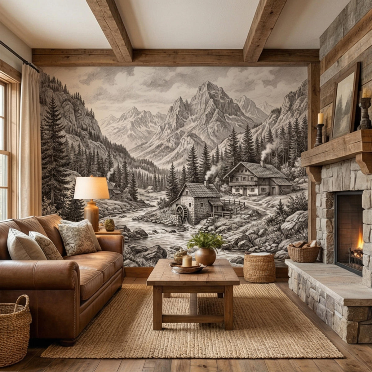 Rustic mountain village wall mural with snowcapped peaks, fir trees, and small cabins