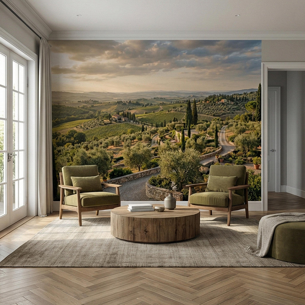 Tuscan Countryside Peel and Stick Wall Mural, Italian Vineyard Landscape, Olive Grove Villa Wallpaper