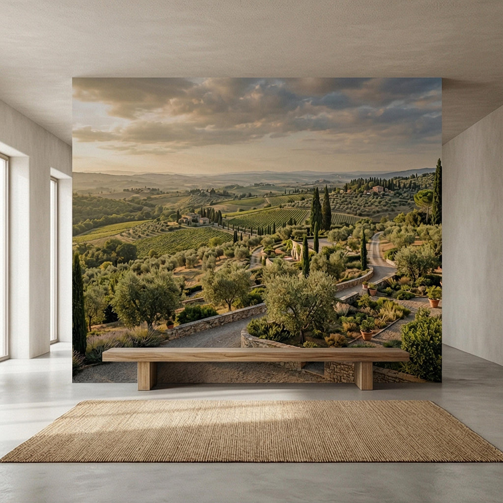 Tuscan Countryside Peel and Stick Wall Mural, Italian Vineyard Landscape, Olive Grove Villa Wallpaper