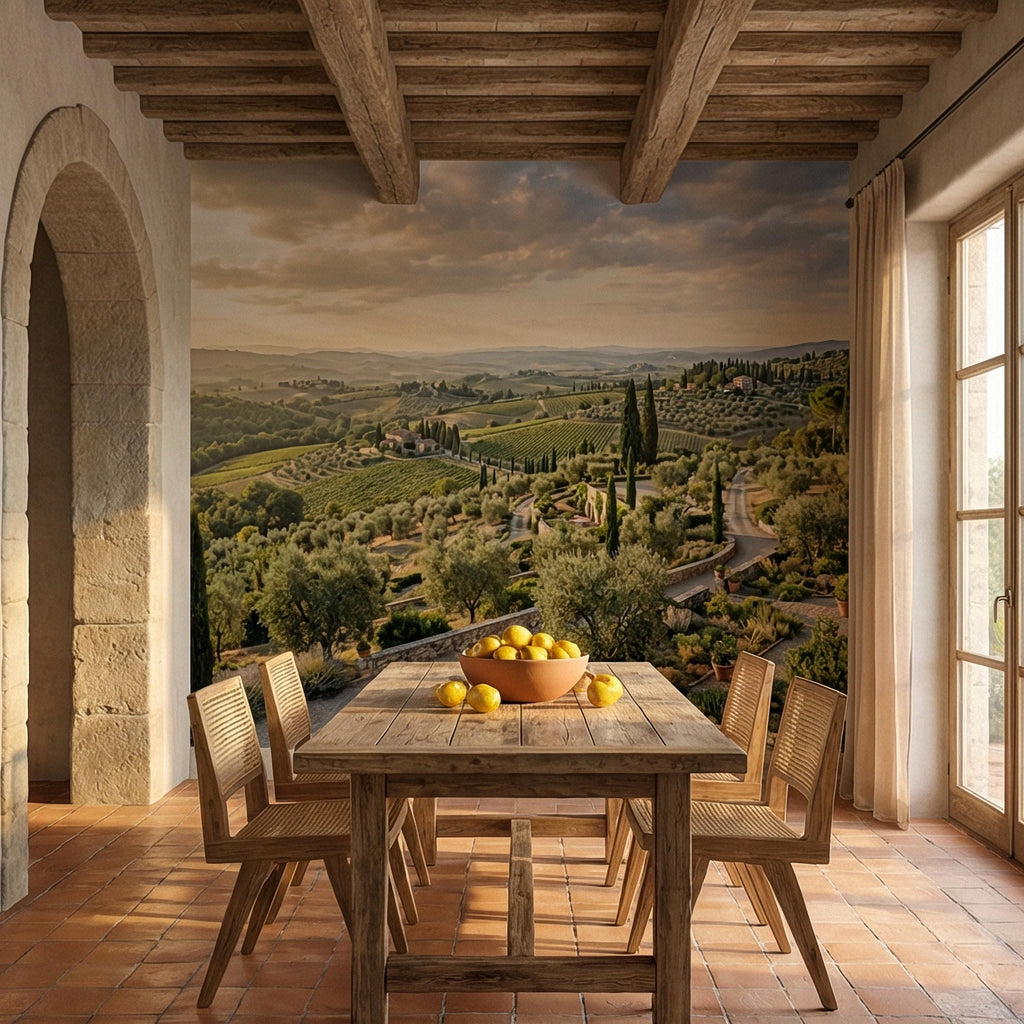 Tuscan Countryside Peel and Stick Wall Mural, Italian Vineyard Landscape, Olive Grove Villa Wallpaper