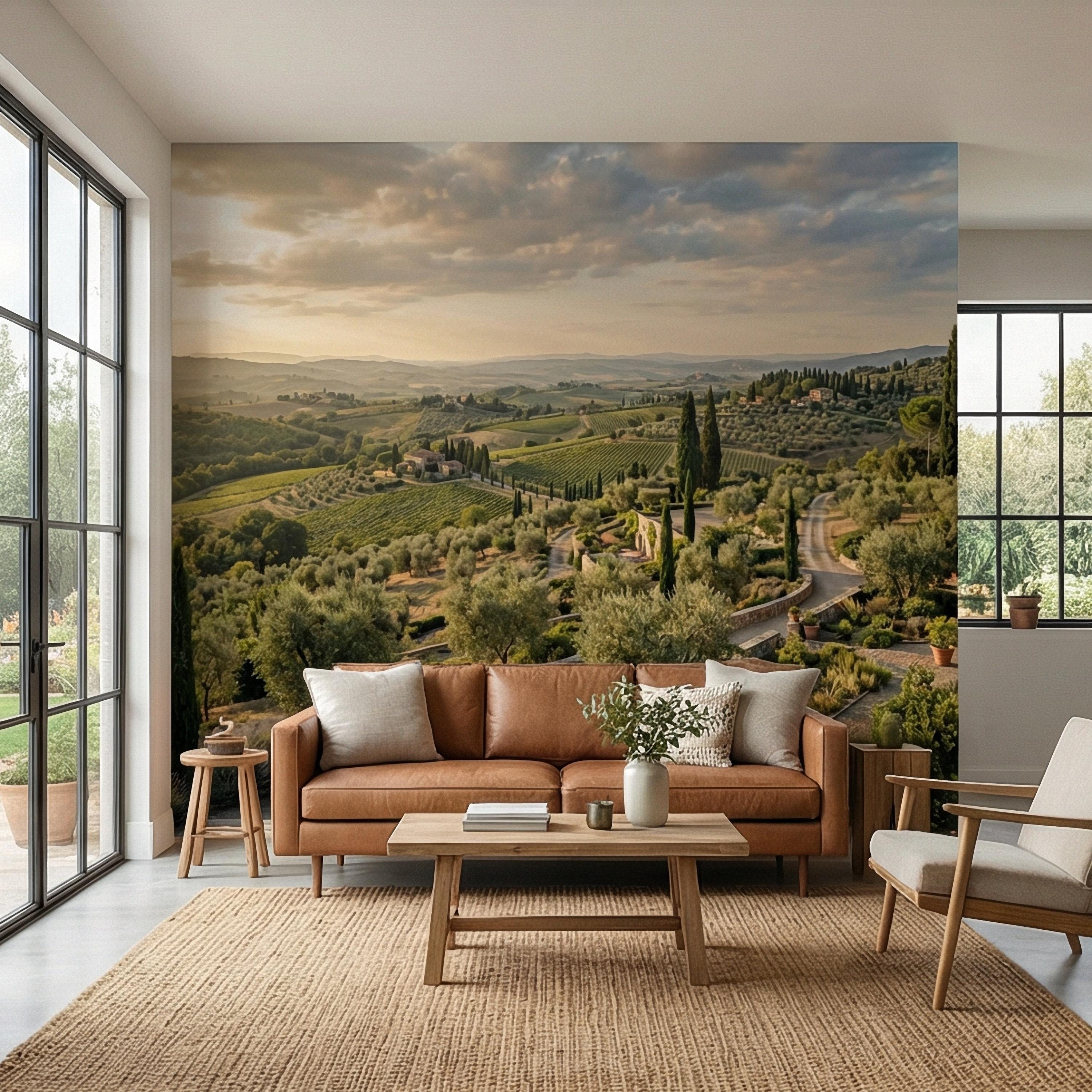 Tuscan Countryside Peel and Stick Wall Mural, Italian Vineyard Landscape, Olive Grove Villa Wallpaper