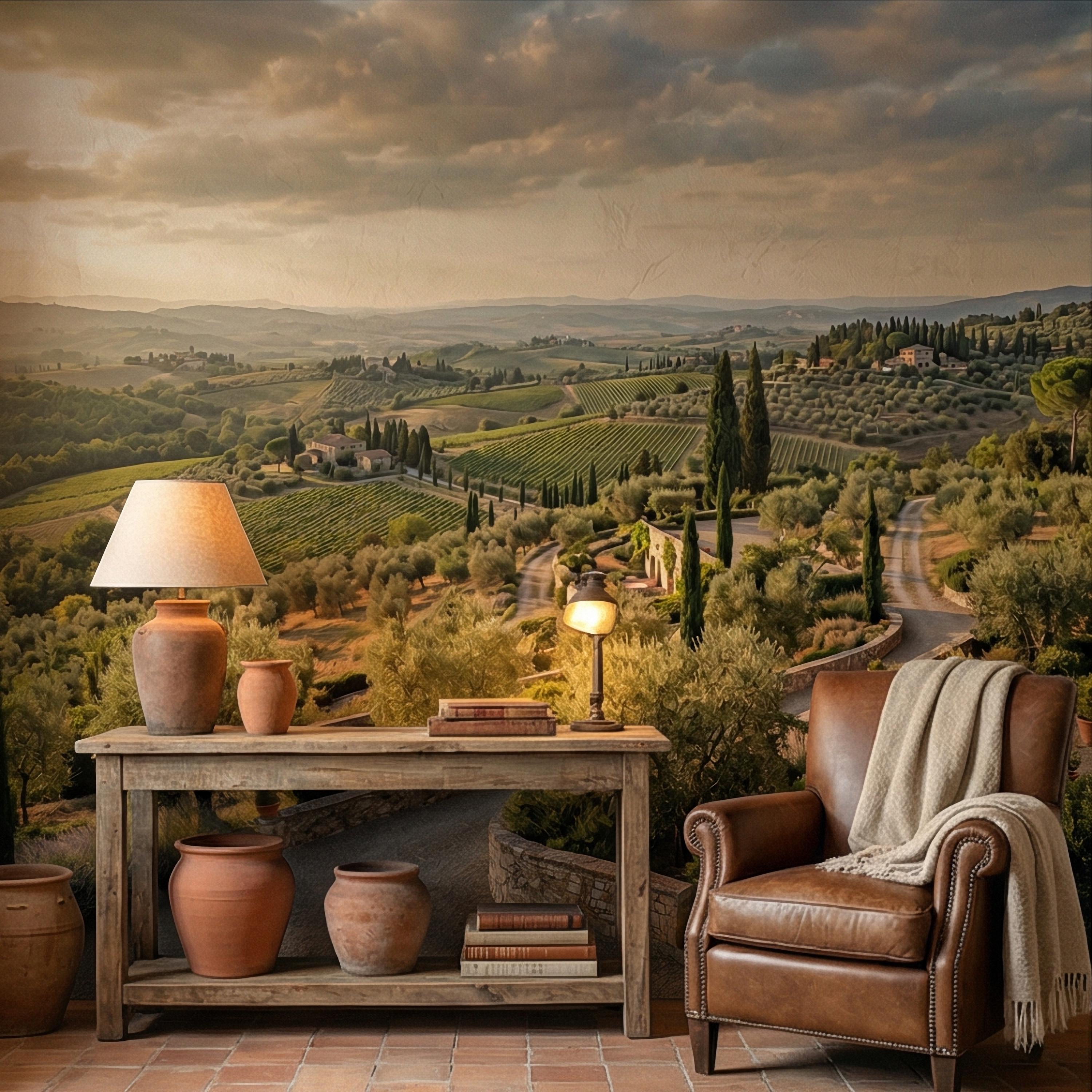 Tuscan Countryside Peel and Stick Wall Mural, Italian Vineyard Landscape, Olive Grove Villa Wallpaper