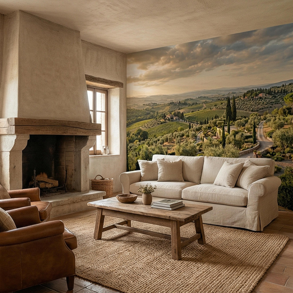 Tuscan Countryside Peel and Stick Wall Mural, Italian Vineyard Landscape, Olive Grove Villa Wallpaper