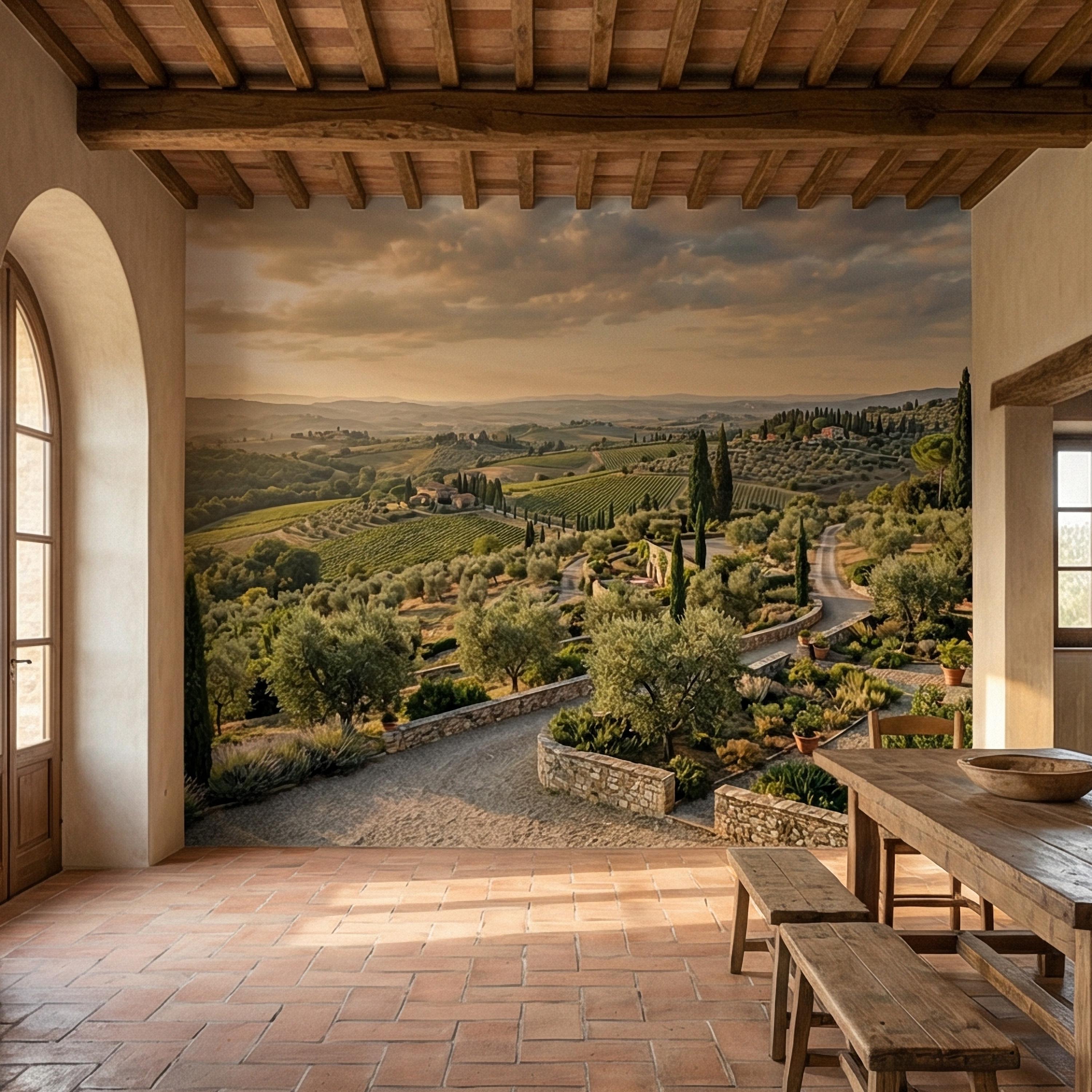 Tuscan Countryside Peel and Stick Wall Mural, Italian Vineyard Landscape, Olive Grove Villa Wallpaper
