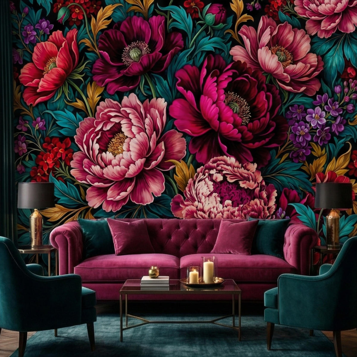 Floral botanical wall mural with bold dark peonies in burgundy, pink, and teal