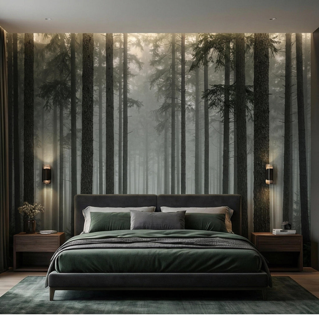 Moody Misty Pine Forest Peel and Stick Wall Mural, Dark Evergreen Woodland Fog Landscape Wallpaper, Dramatic Nature Statement Wall Decor
