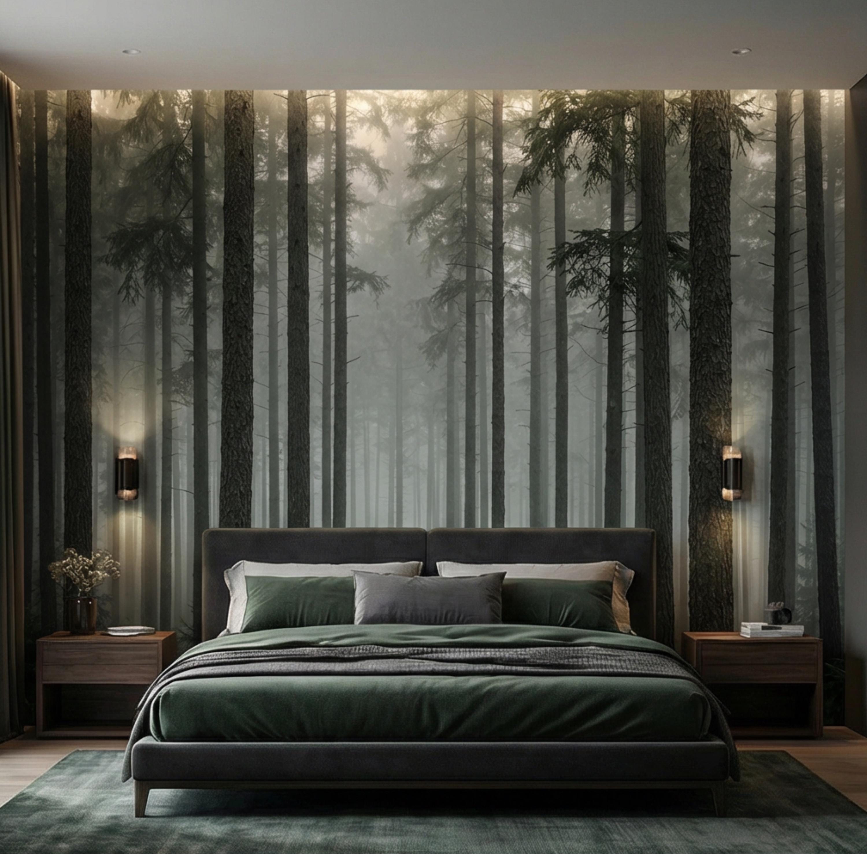 Moody Misty Pine Forest Peel and Stick Wall Mural, Dark Evergreen Woodland Fog Landscape Wallpaper, Dramatic Nature Statement Wall Decor