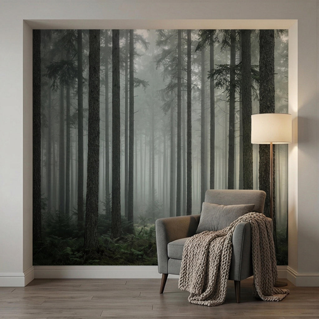 Moody Misty Pine Forest Peel and Stick Wall Mural, Dark Evergreen Woodland Fog Landscape Wallpaper, Dramatic Nature Statement Wall Decor