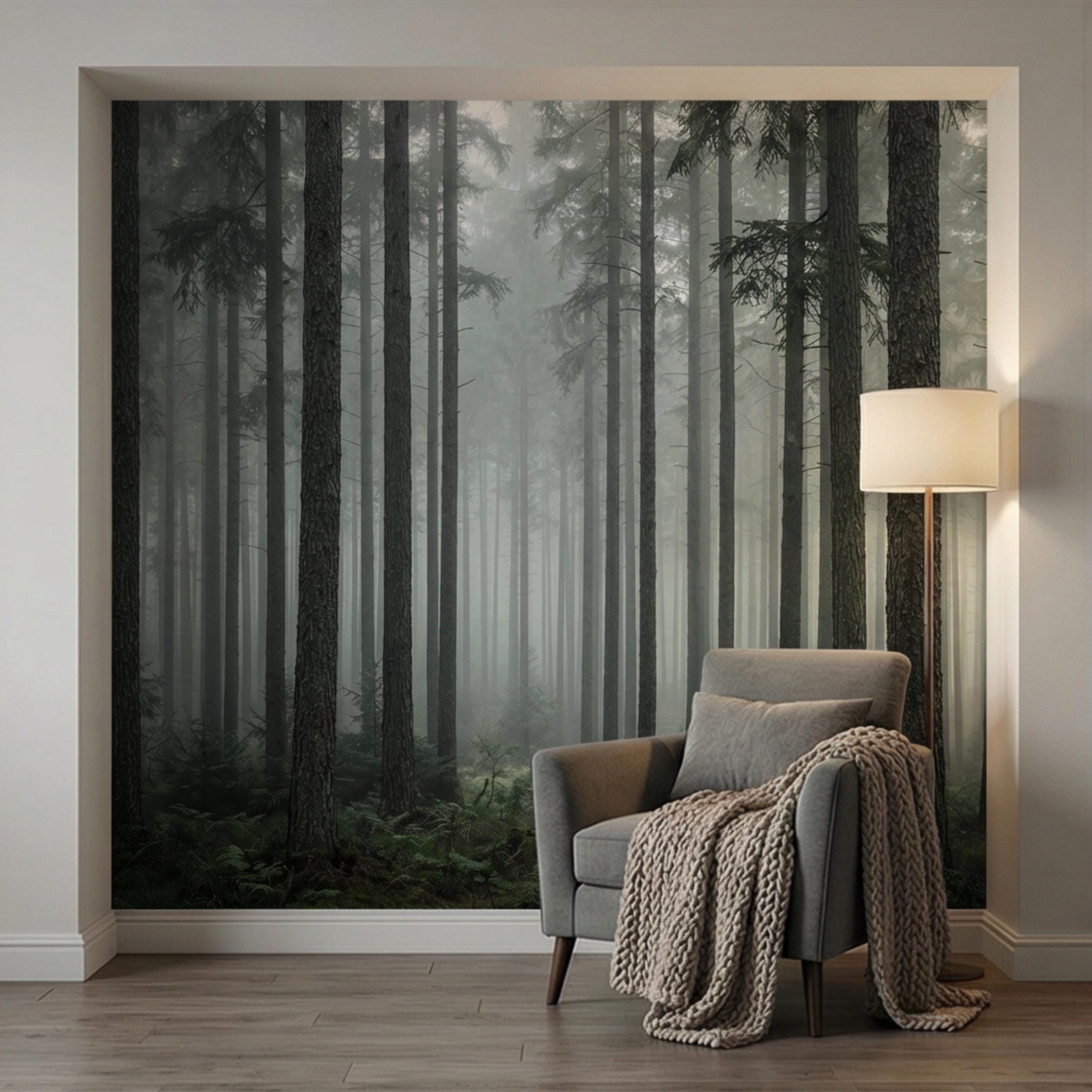 Moody Misty Pine Forest Peel and Stick Wall Mural, Dark Evergreen Woodland Fog Landscape Wallpaper, Dramatic Nature Statement Wall Decor