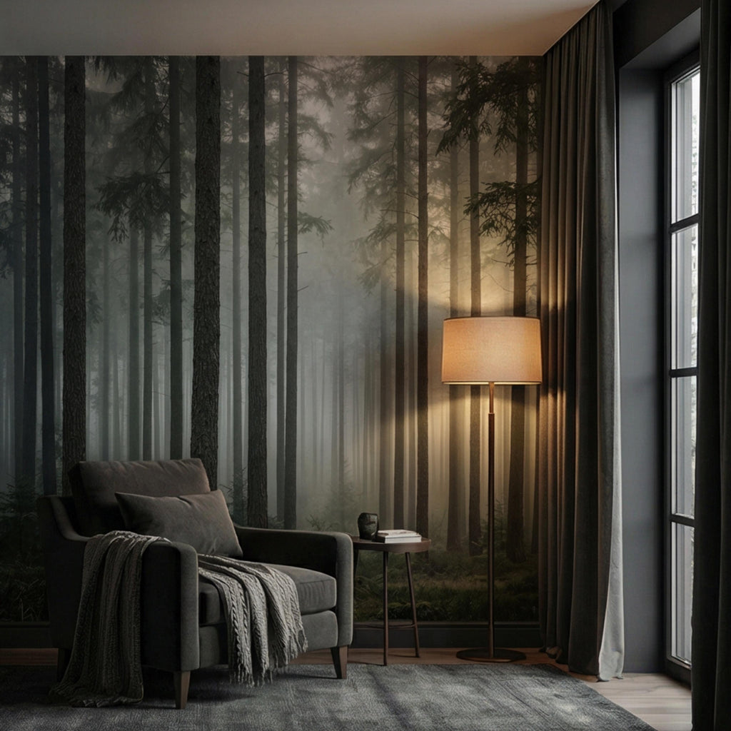 Moody Misty Pine Forest Peel and Stick Wall Mural, Dark Evergreen Woodland Fog Landscape Wallpaper, Dramatic Nature Statement Wall Decor