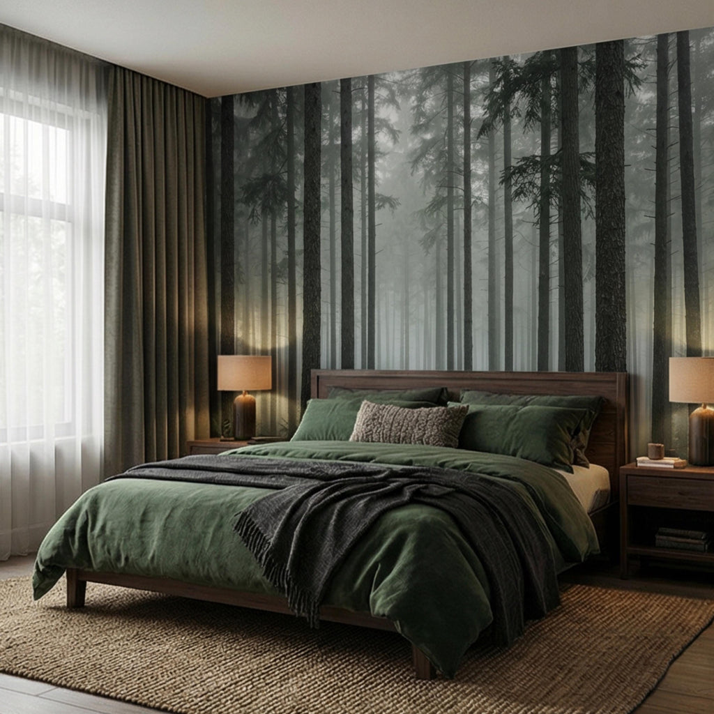 Moody Misty Pine Forest Peel and Stick Wall Mural, Dark Evergreen Woodland Fog Landscape Wallpaper, Dramatic Nature Statement Wall Decor