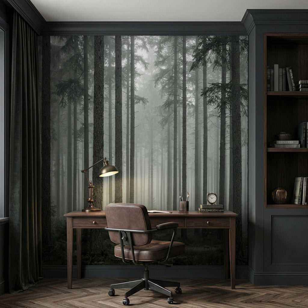Moody Misty Pine Forest Peel and Stick Wall Mural, Dark Evergreen Woodland Fog Landscape Wallpaper, Dramatic Nature Statement Wall Decor