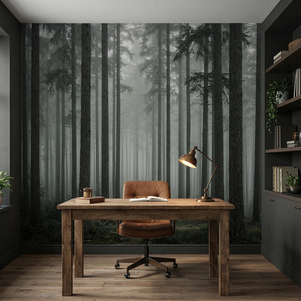 Moody Misty Pine Forest Peel and Stick Wall Mural, Dark Evergreen Woodland Fog Landscape Wallpaper, Dramatic Nature Statement Wall Decor