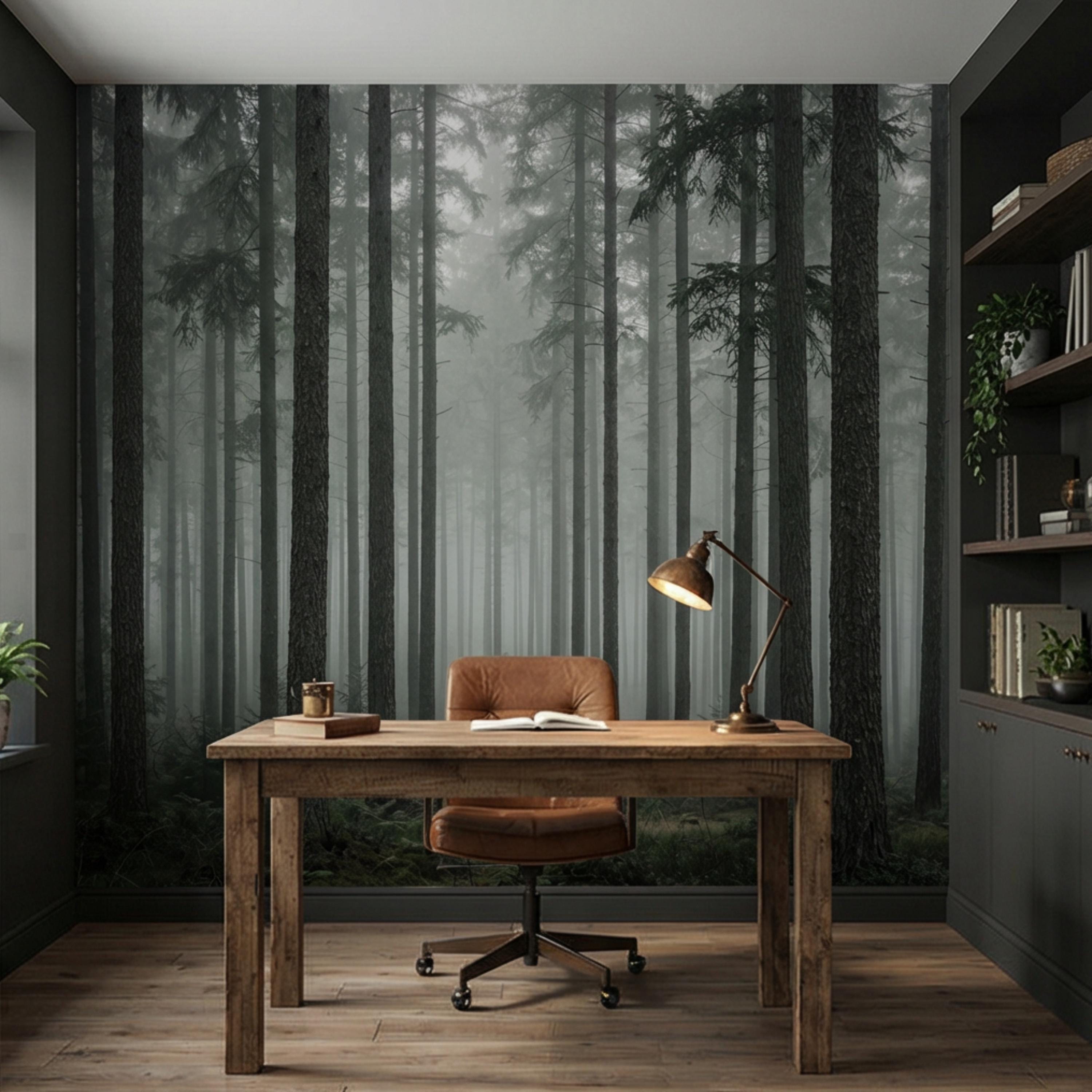 Moody Misty Pine Forest Peel and Stick Wall Mural, Dark Evergreen Woodland Fog Landscape Wallpaper, Dramatic Nature Statement Wall Decor