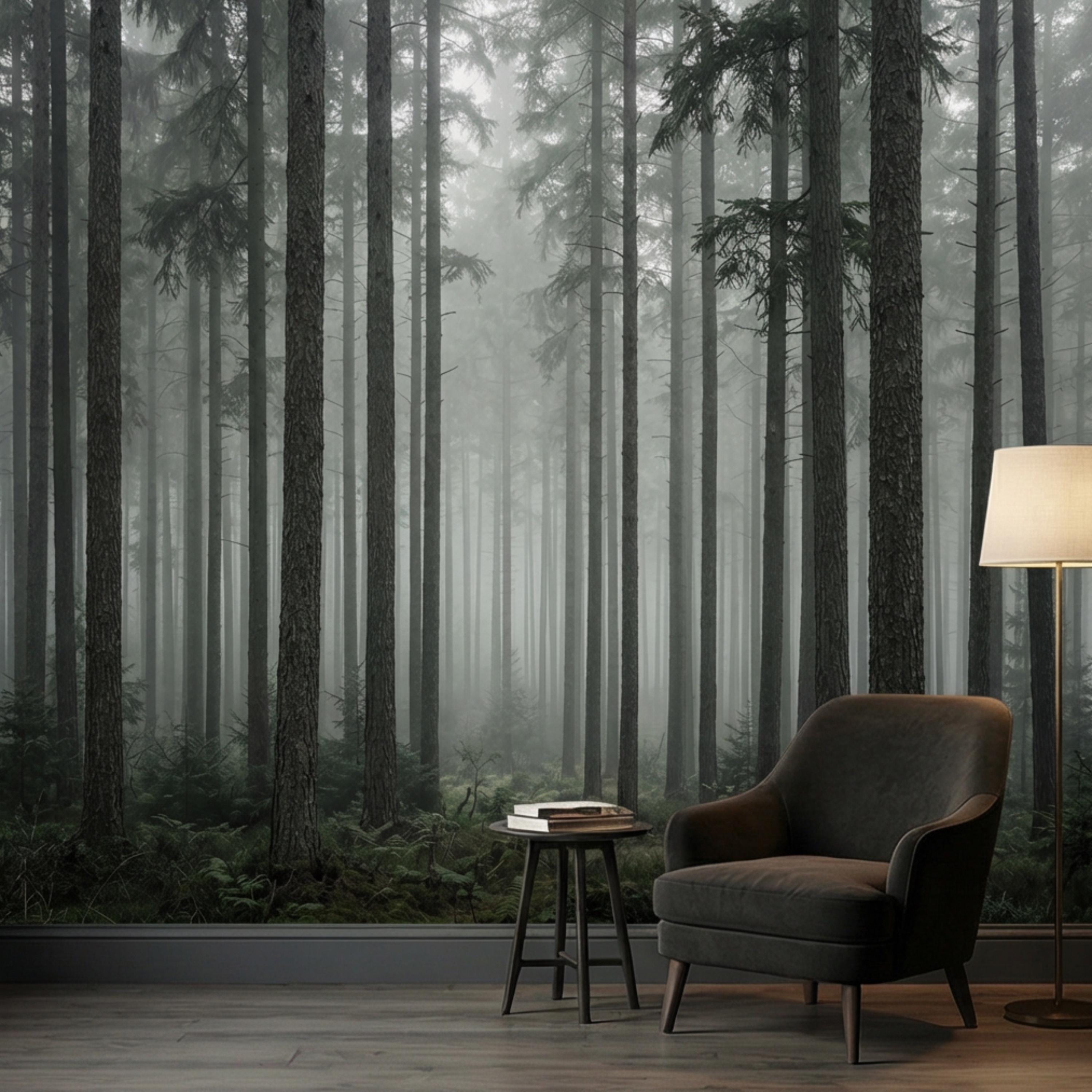 Moody Misty Pine Forest Peel and Stick Wall Mural, Dark Evergreen Woodland Fog Landscape Wallpaper, Dramatic Nature Statement Wall Decor