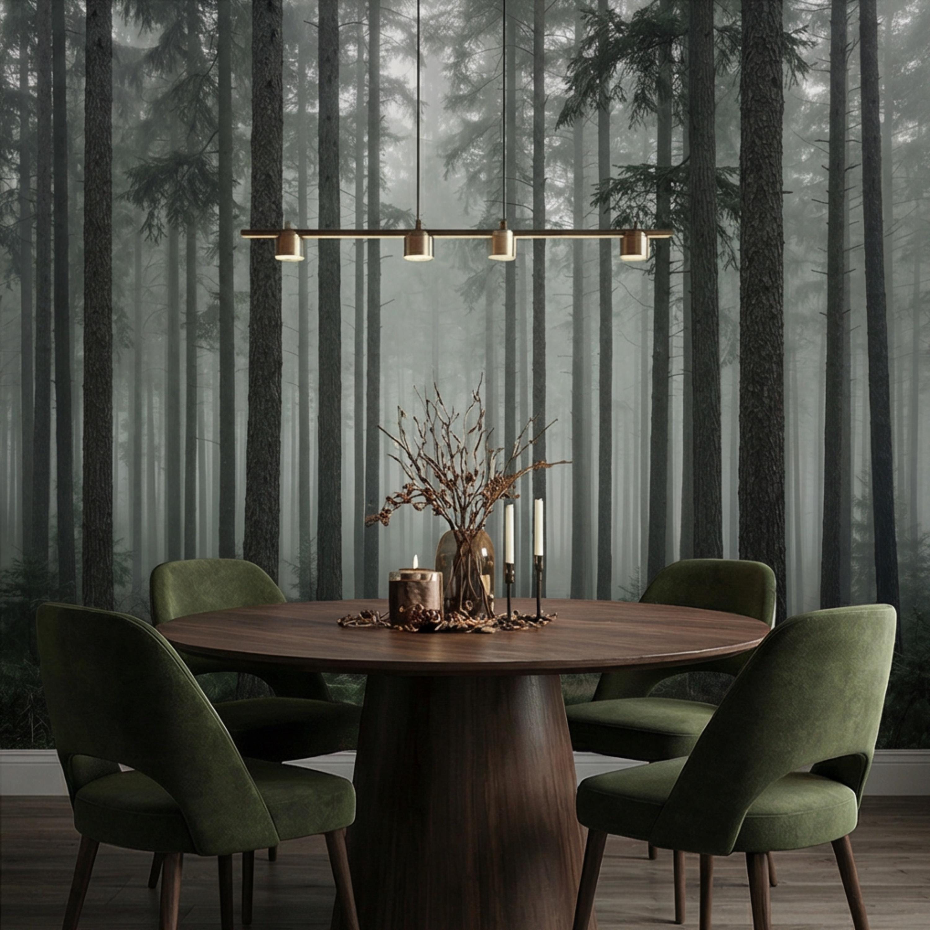 Moody Misty Pine Forest Peel and Stick Wall Mural, Dark Evergreen Woodland Fog Landscape Wallpaper, Dramatic Nature Statement Wall Decor