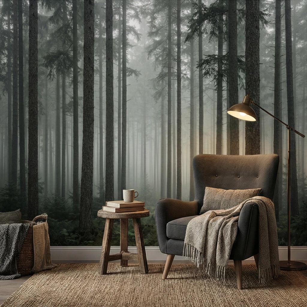 Moody Misty Pine Forest Peel and Stick Wall Mural, Dark Evergreen Woodland Fog Landscape Wallpaper, Dramatic Nature Statement Wall Decor