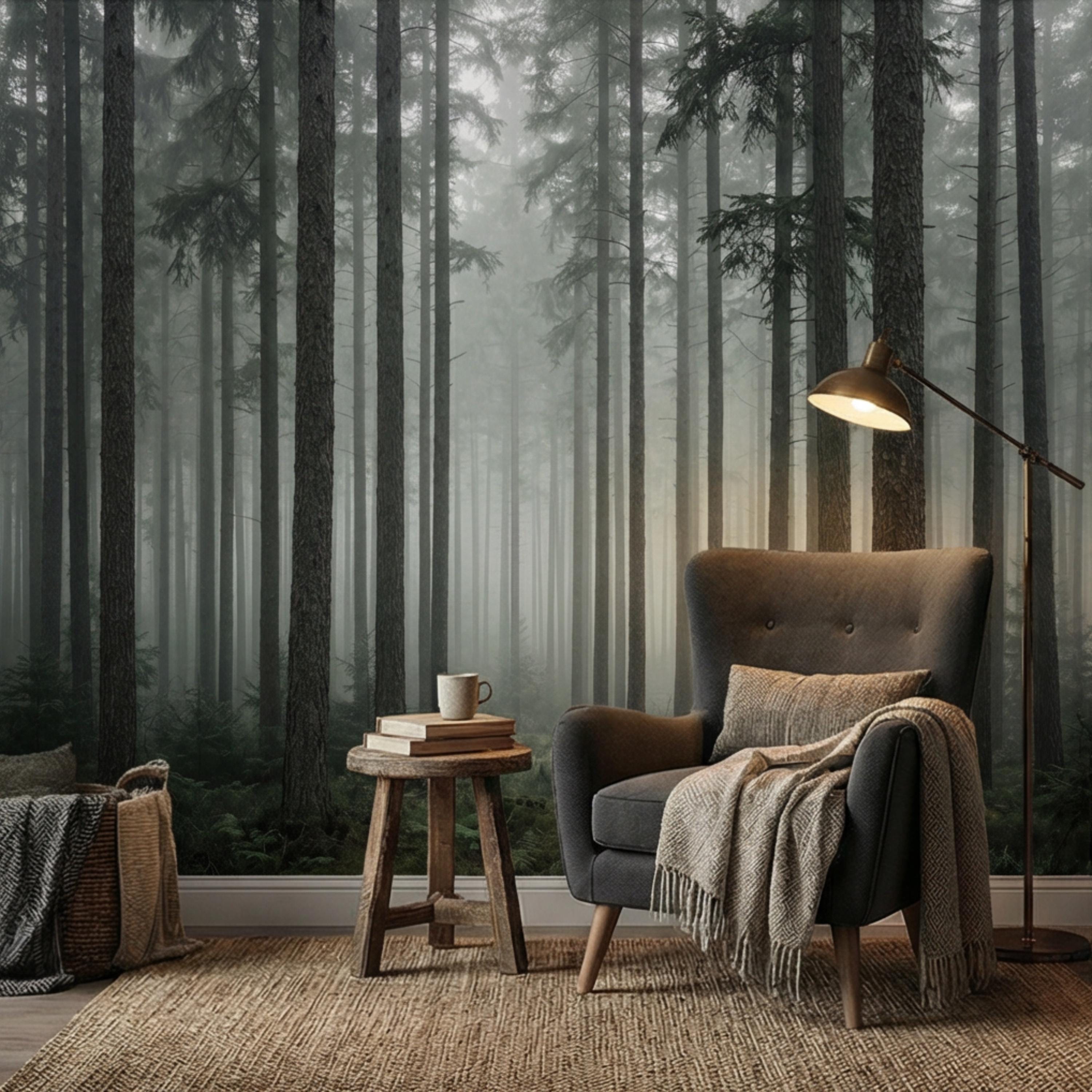 Moody Misty Pine Forest Peel and Stick Wall Mural, Dark Evergreen Woodland Fog Landscape Wallpaper, Dramatic Nature Statement Wall Decor