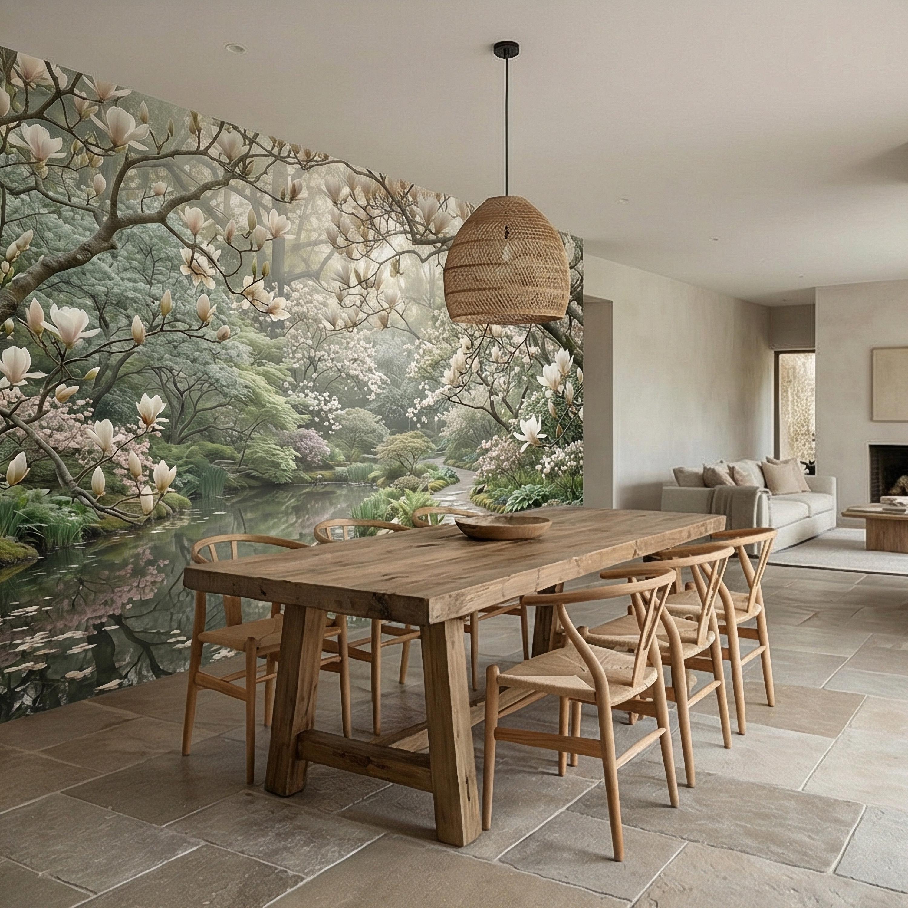 Magnolia Blossom Garden Peel and Stick Wall Mural, Tranquil Pond Botanical Landscape, Serene Spring Garden Wallpaper
