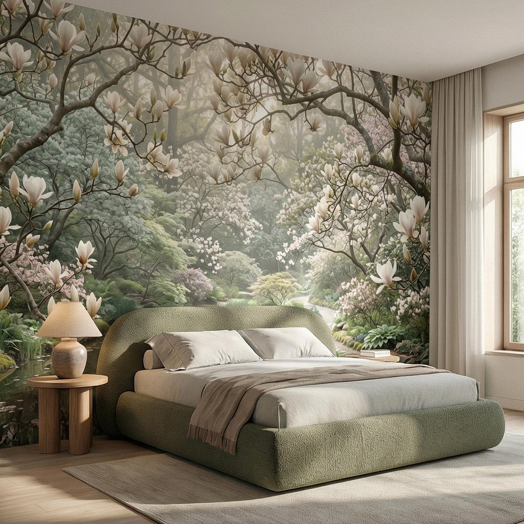 Magnolia Blossom Garden Peel and Stick Wall Mural, Tranquil Pond Botanical Landscape, Serene Spring Garden Wallpaper