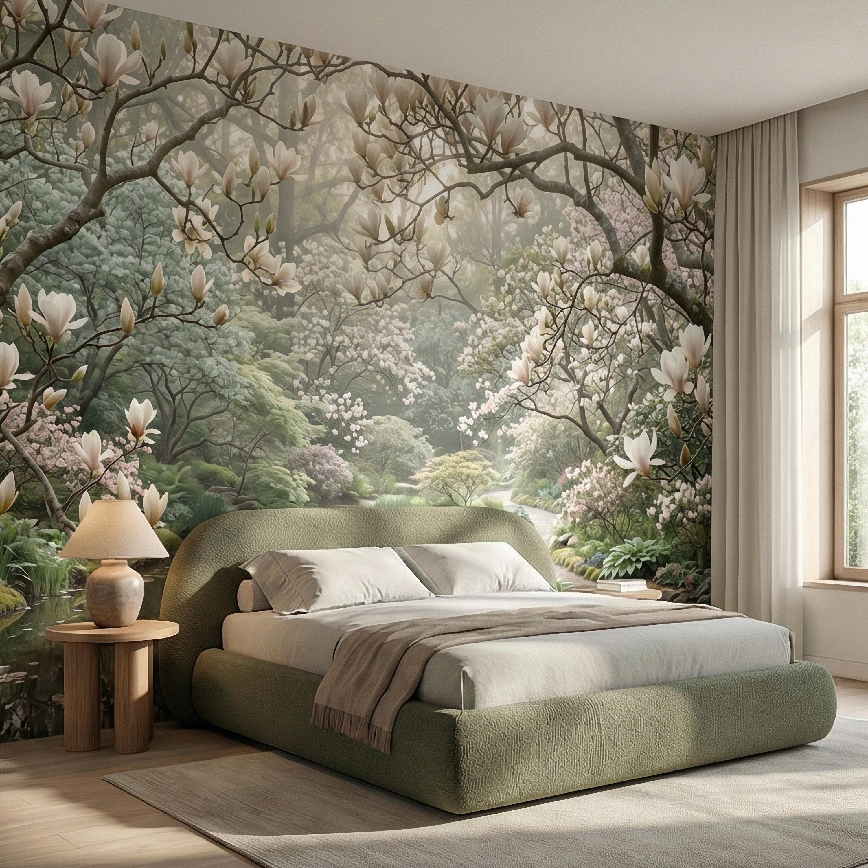 Magnolia Blossom Garden Peel and Stick Wall Mural, Tranquil Pond Botanical Landscape, Serene Spring Garden Wallpaper