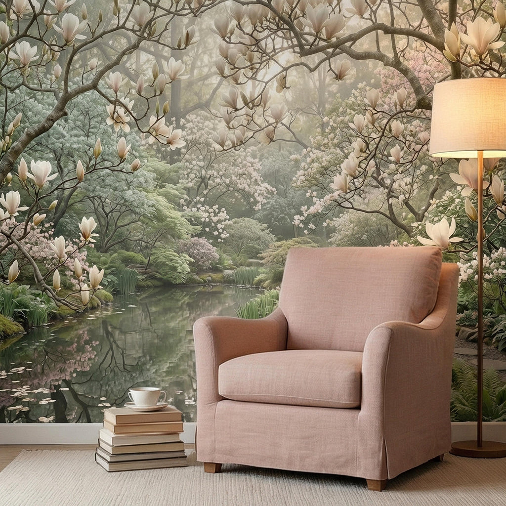 Magnolia Blossom Garden Peel and Stick Wall Mural, Tranquil Pond Botanical Landscape, Serene Spring Garden Wallpaper