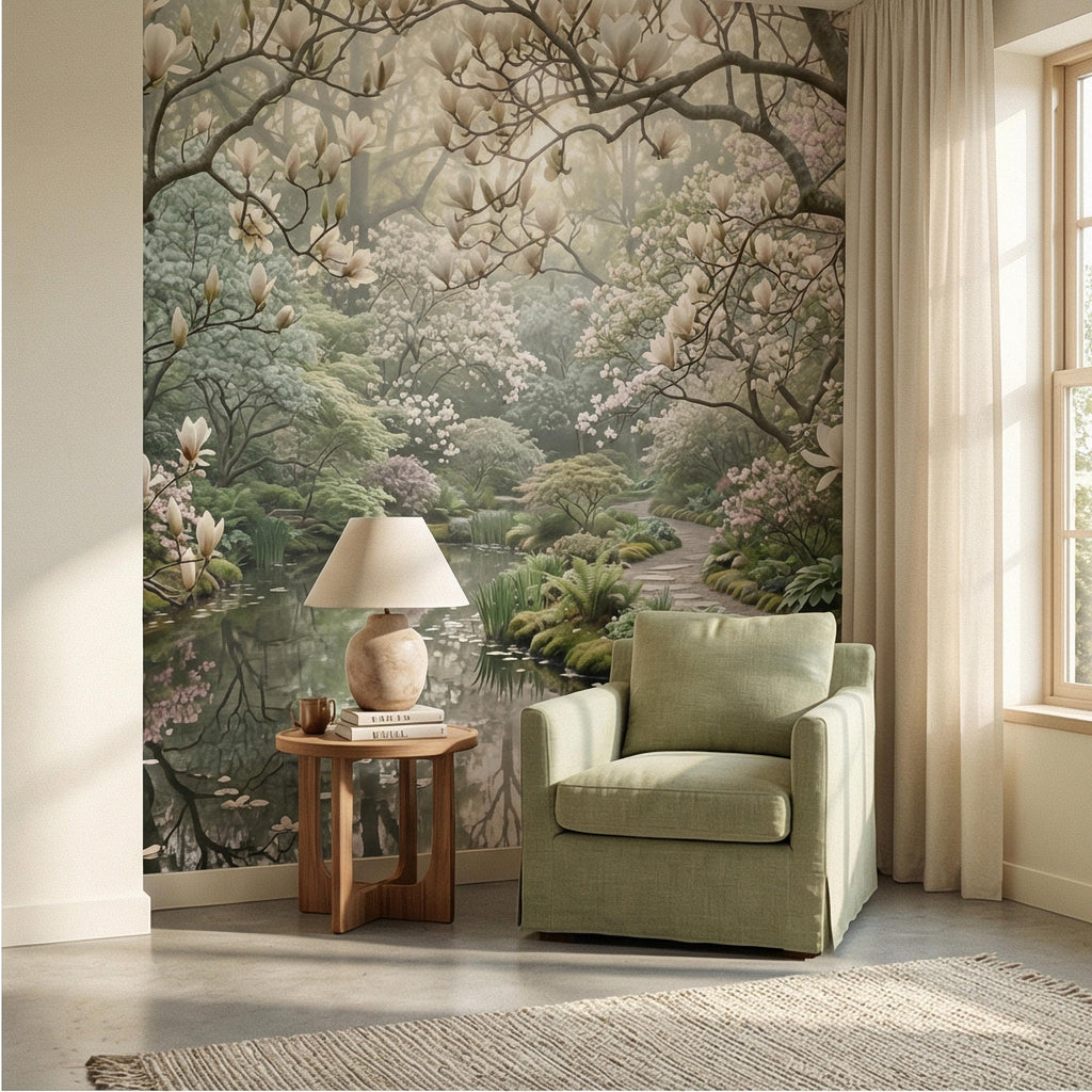 Magnolia Blossom Garden Peel and Stick Wall Mural, Tranquil Pond Botanical Landscape, Serene Spring Garden Wallpaper