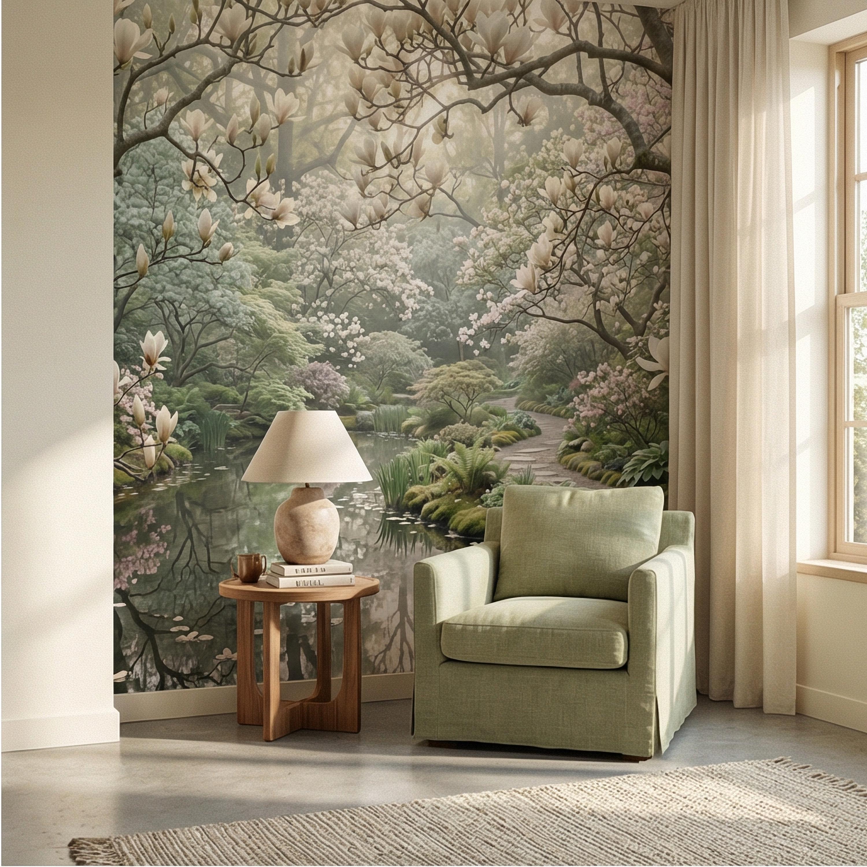 Magnolia Blossom Garden Peel and Stick Wall Mural, Tranquil Pond Botanical Landscape, Serene Spring Garden Wallpaper