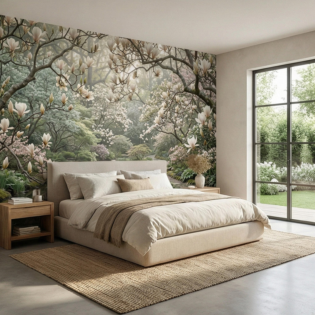 Magnolia Blossom Garden Peel and Stick Wall Mural, Tranquil Pond Botanical Landscape, Serene Spring Garden Wallpaper