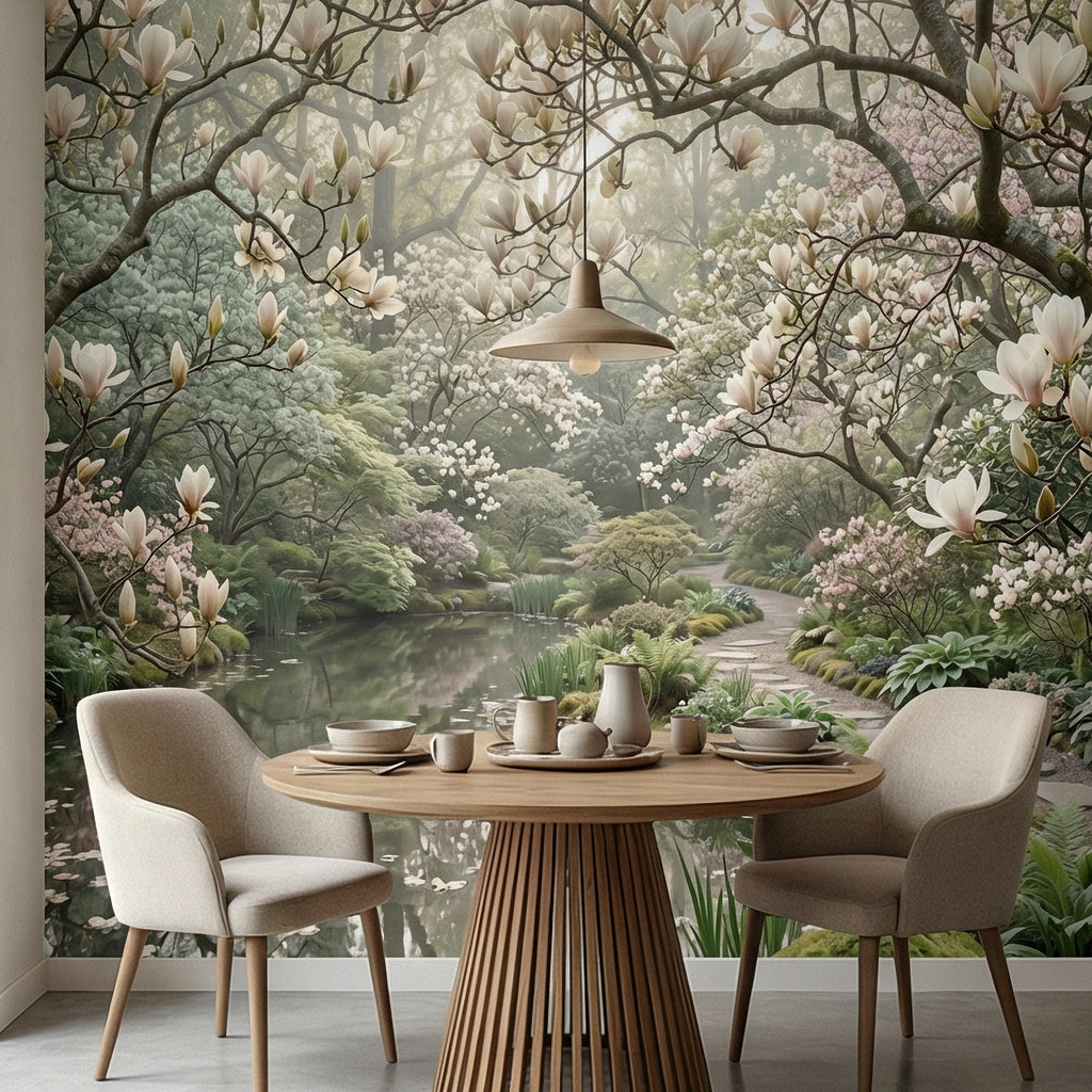 Magnolia Blossom Garden Peel and Stick Wall Mural, Tranquil Pond Botanical Landscape, Serene Spring Garden Wallpaper