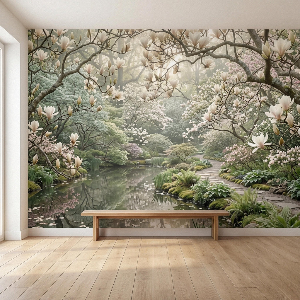 Magnolia Blossom Garden Peel and Stick Wall Mural, Tranquil Pond Botanical Landscape, Serene Spring Garden Wallpaper