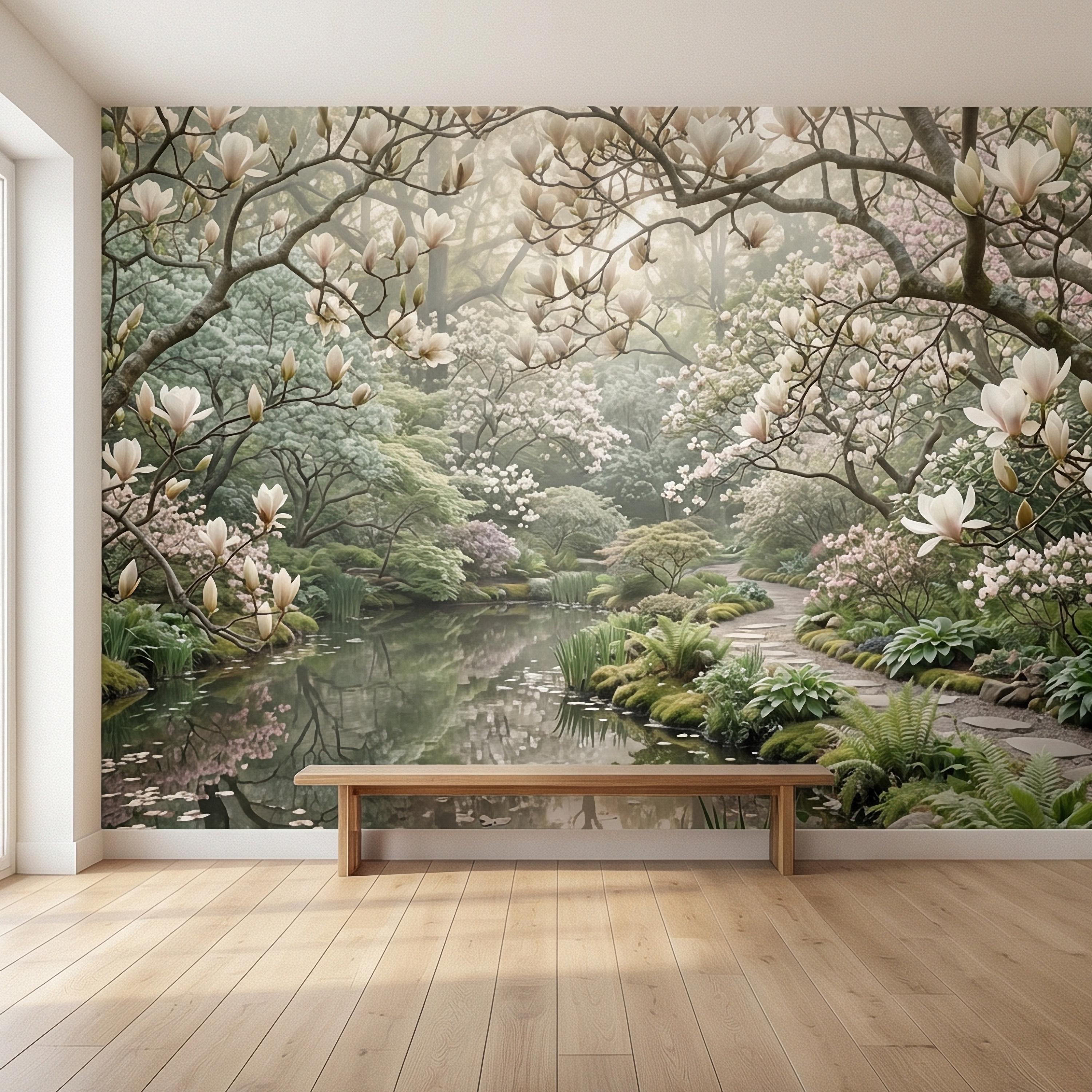 Magnolia Blossom Garden Peel and Stick Wall Mural, Tranquil Pond Botanical Landscape, Serene Spring Garden Wallpaper