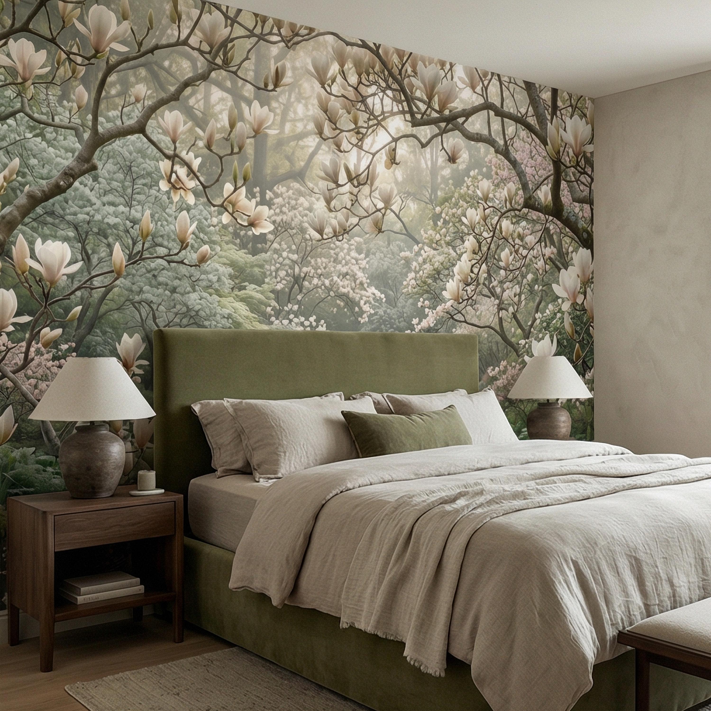 Magnolia Blossom Garden Peel and Stick Wall Mural, Tranquil Pond Botanical Landscape, Serene Spring Garden Wallpaper