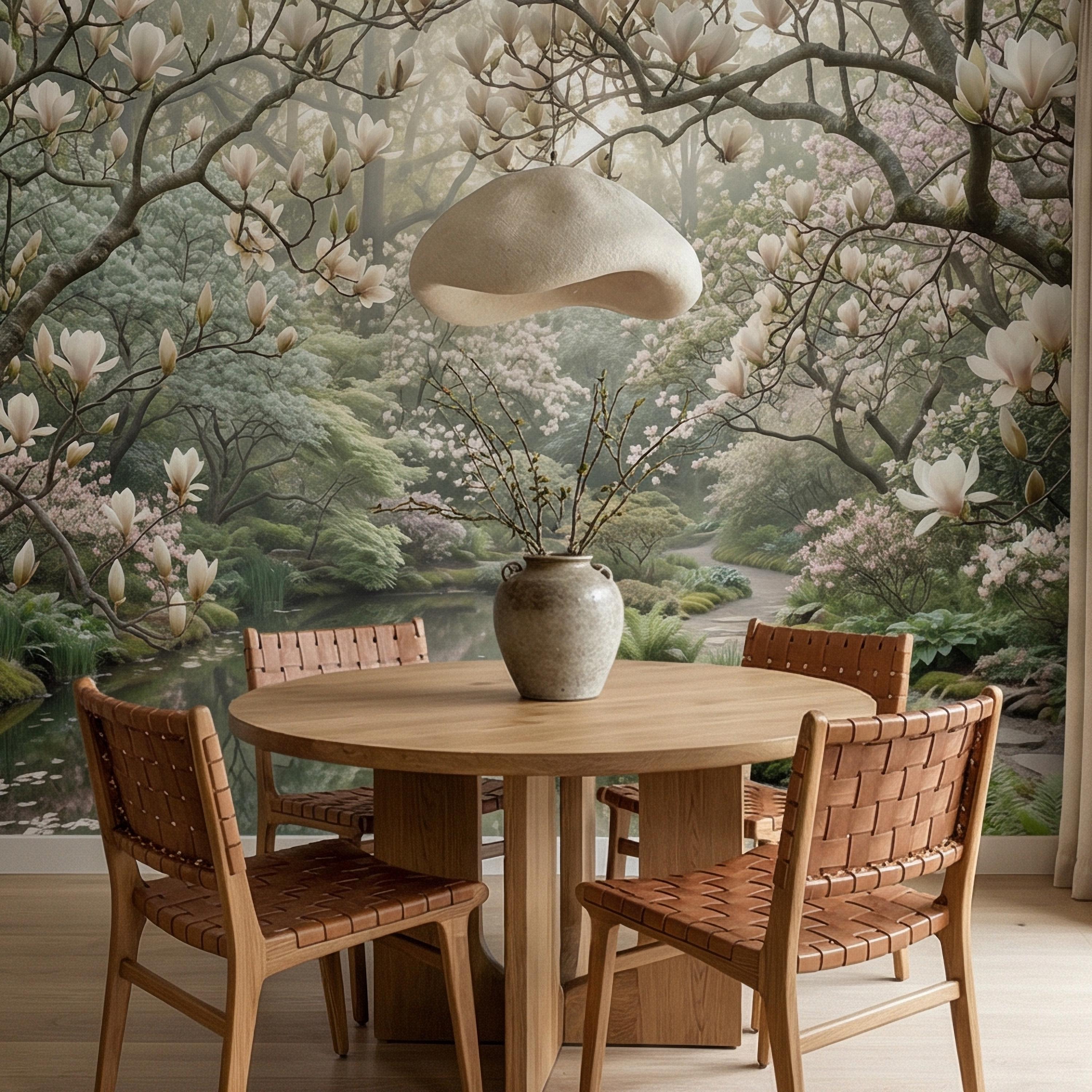 Magnolia Blossom Garden Peel and Stick Wall Mural, Tranquil Pond Botanical Landscape, Serene Spring Garden Wallpaper