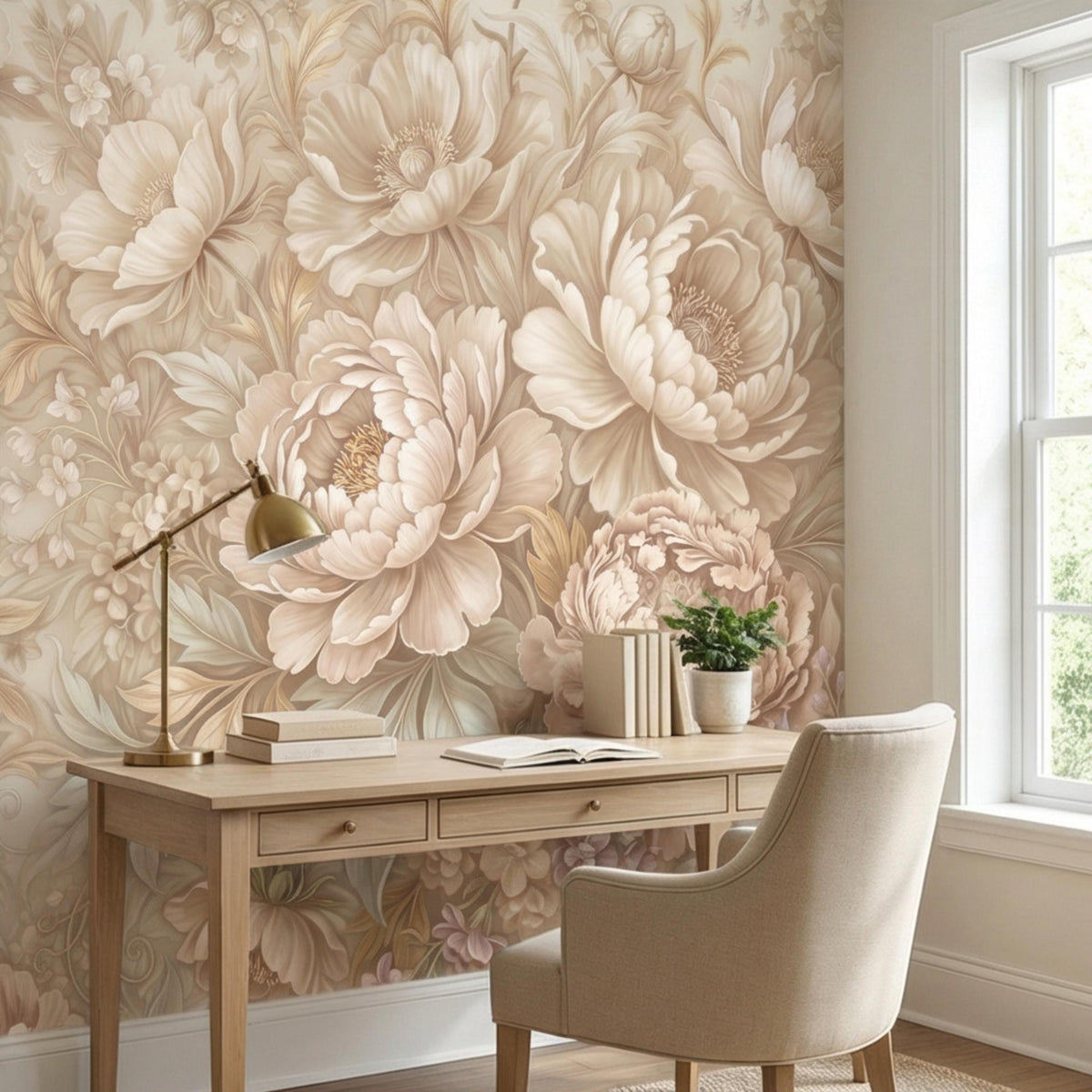 Peony floral wall mural with oversized cream peonies and blush accents on light beige