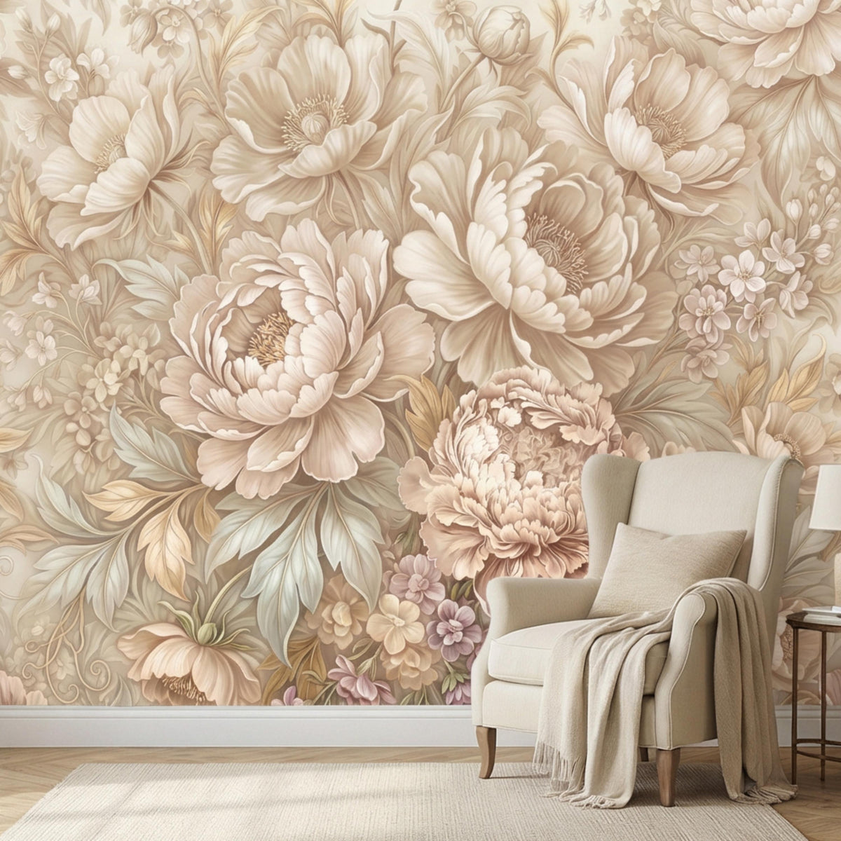 Peony floral wall mural in cream and blush with layered peonies and greenery on beige