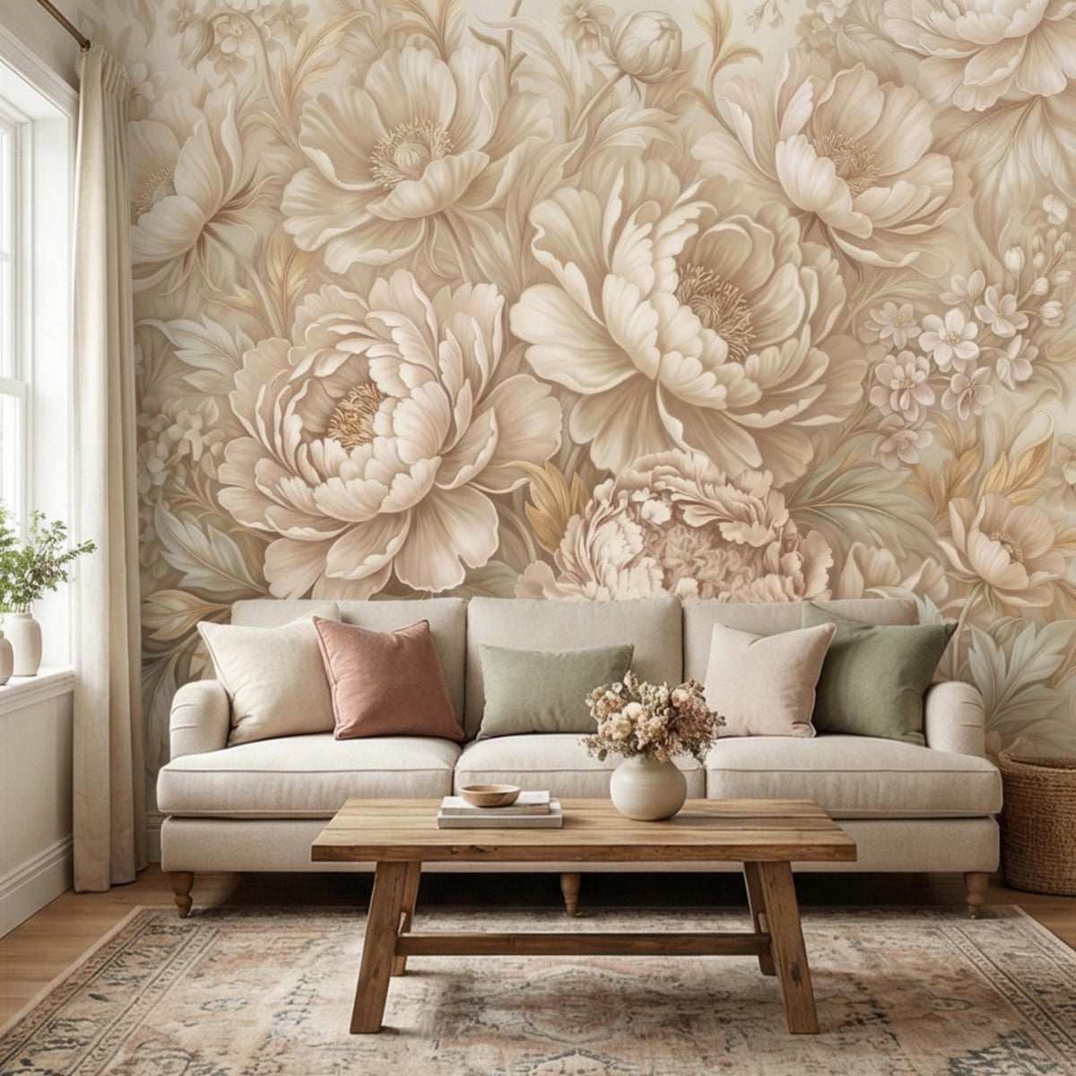 Peony floral wall mural with cream and blush botanical bouquets on a light beige background
