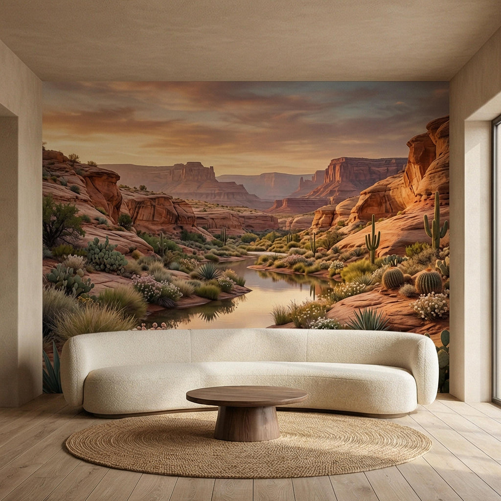 Southwest Desert Canyon Sunset Peel and Stick Wall Mural, Arizona Red Rock Desert Landscape Wallpaper