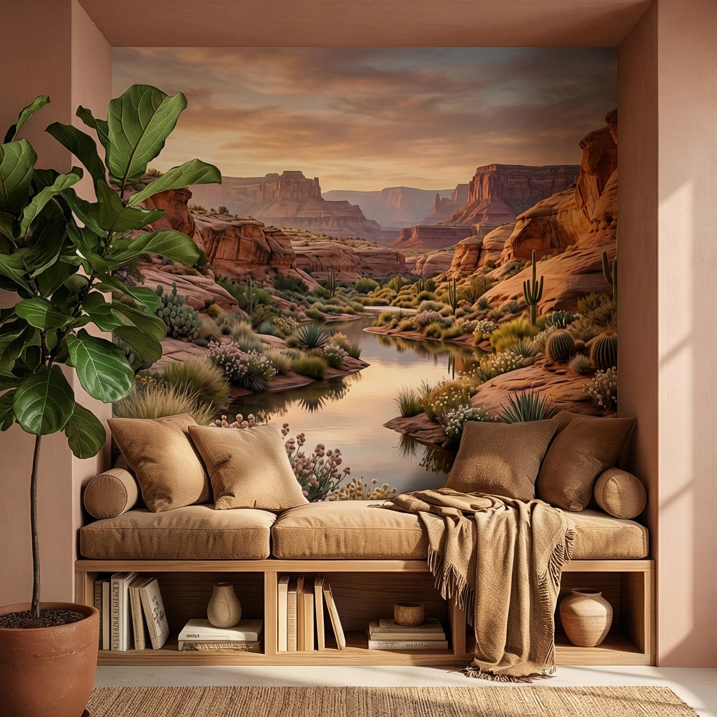 Southwest Desert Canyon Sunset Peel and Stick Wall Mural, Arizona Red Rock Desert Landscape Wallpaper