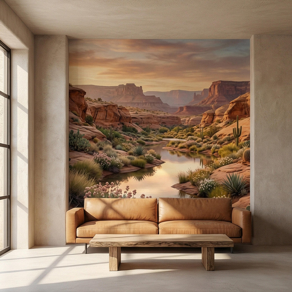 Southwest Desert Canyon Sunset Peel and Stick Wall Mural, Arizona Red Rock Desert Landscape Wallpaper