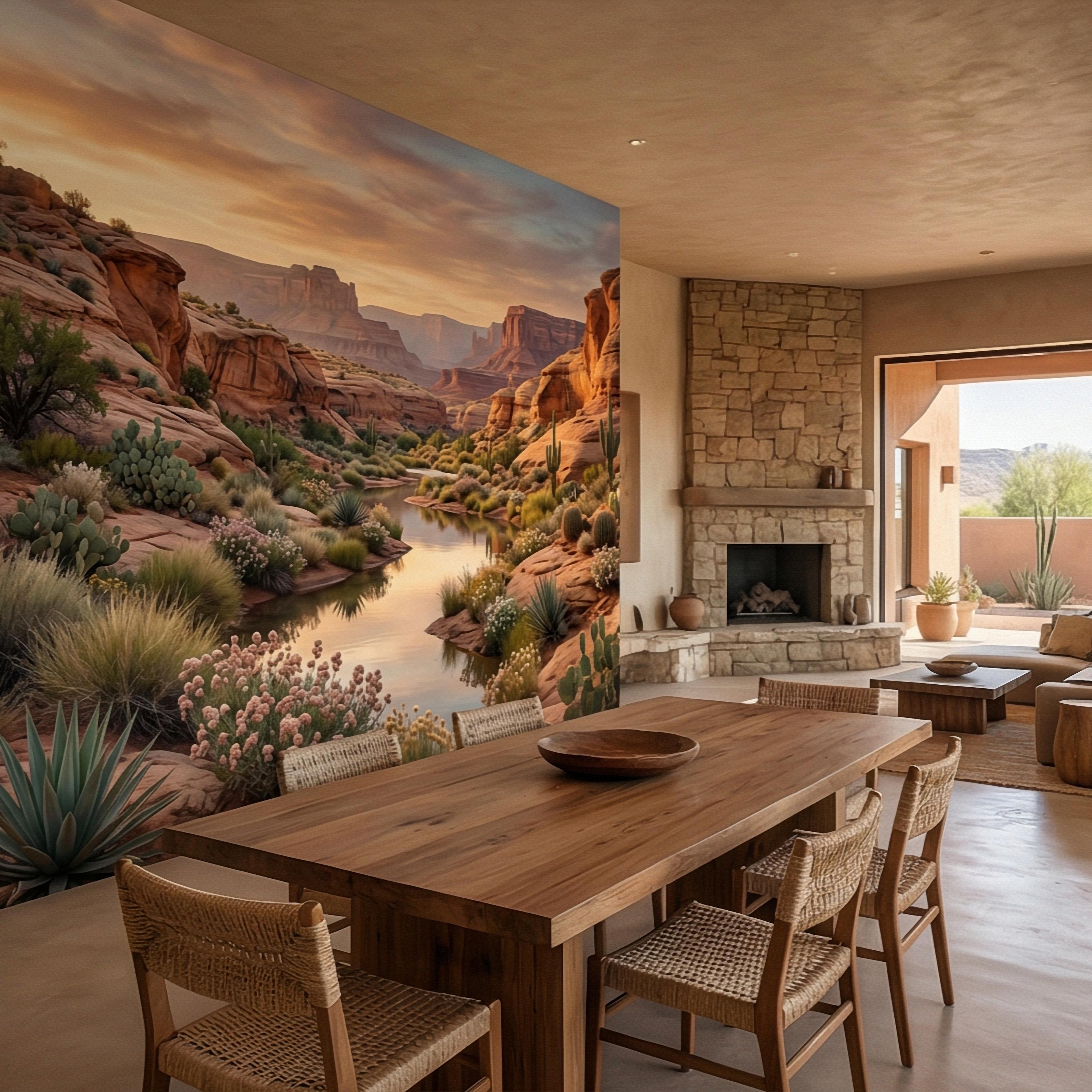 Southwest Desert Canyon Sunset Peel and Stick Wall Mural, Arizona Red Rock Desert Landscape Wallpaper