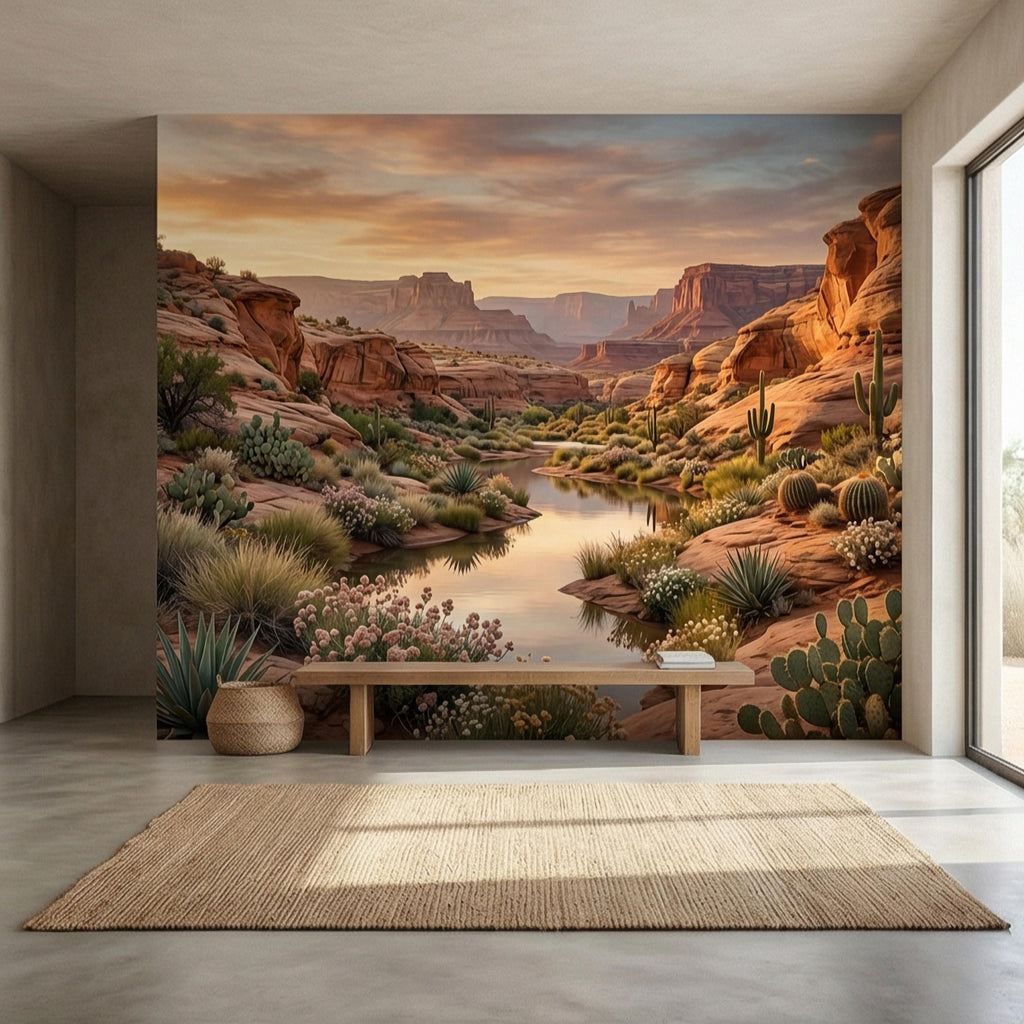 Southwest Desert Canyon Sunset Peel and Stick Wall Mural, Arizona Red Rock Desert Landscape Wallpaper