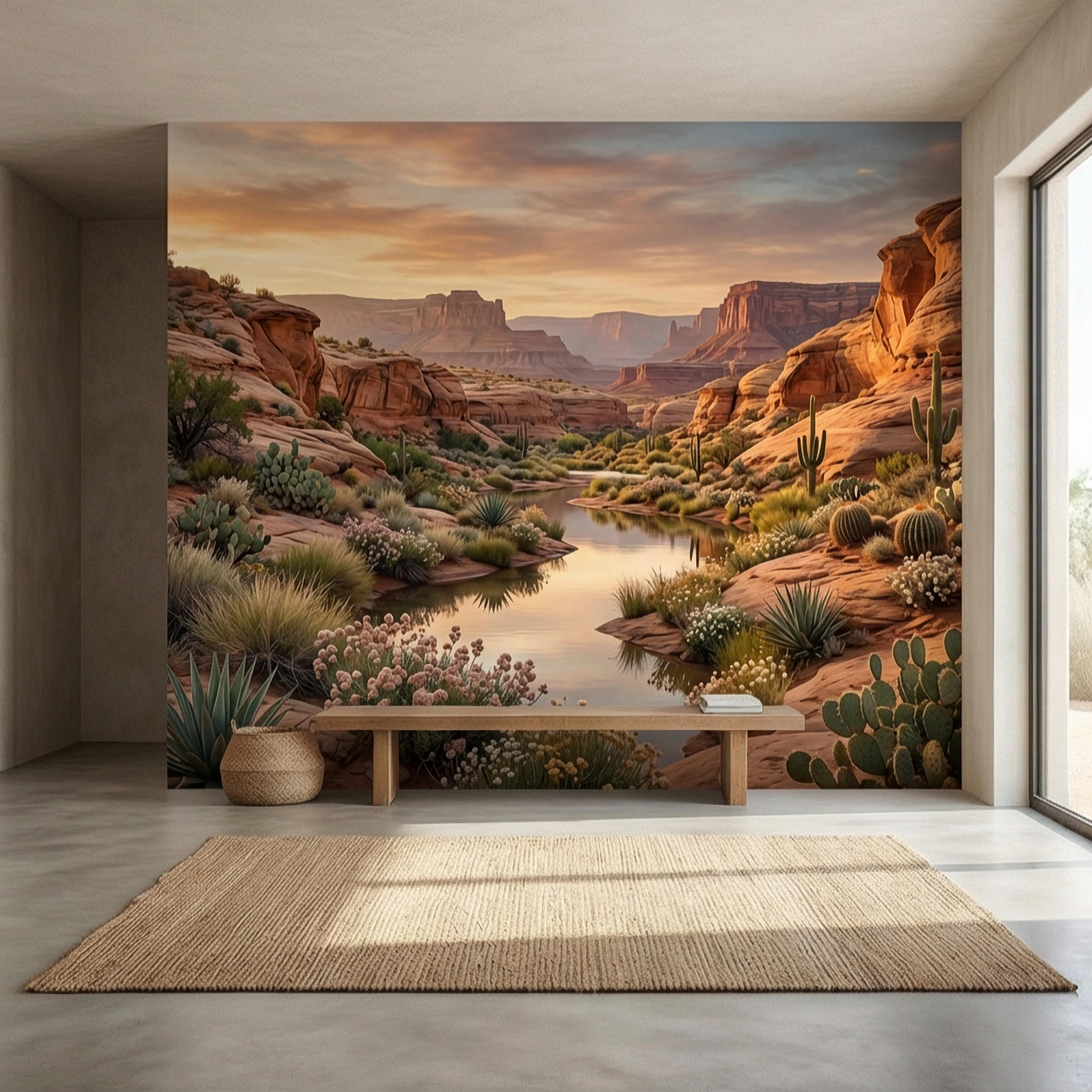 Southwest Desert Canyon Sunset Peel and Stick Wall Mural, Arizona Red Rock Desert Landscape Wallpaper