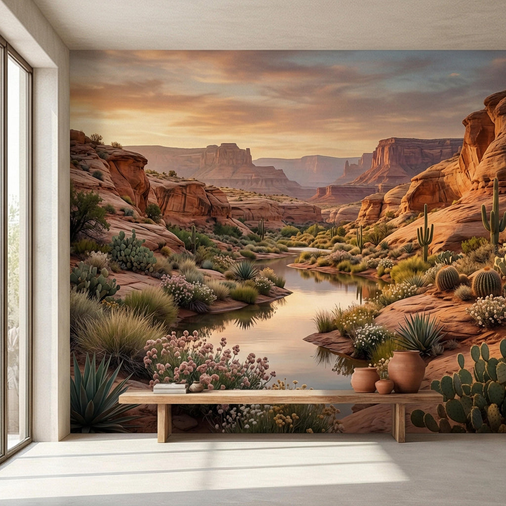 Southwest Desert Canyon Sunset Peel and Stick Wall Mural, Arizona Red Rock Desert Landscape Wallpaper