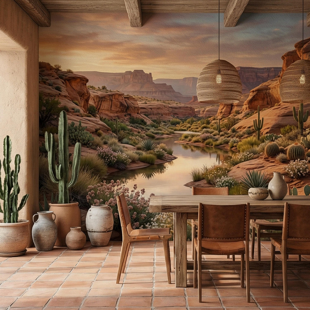 Southwest Desert Canyon Sunset Peel and Stick Wall Mural, Arizona Red Rock Desert Landscape Wallpaper