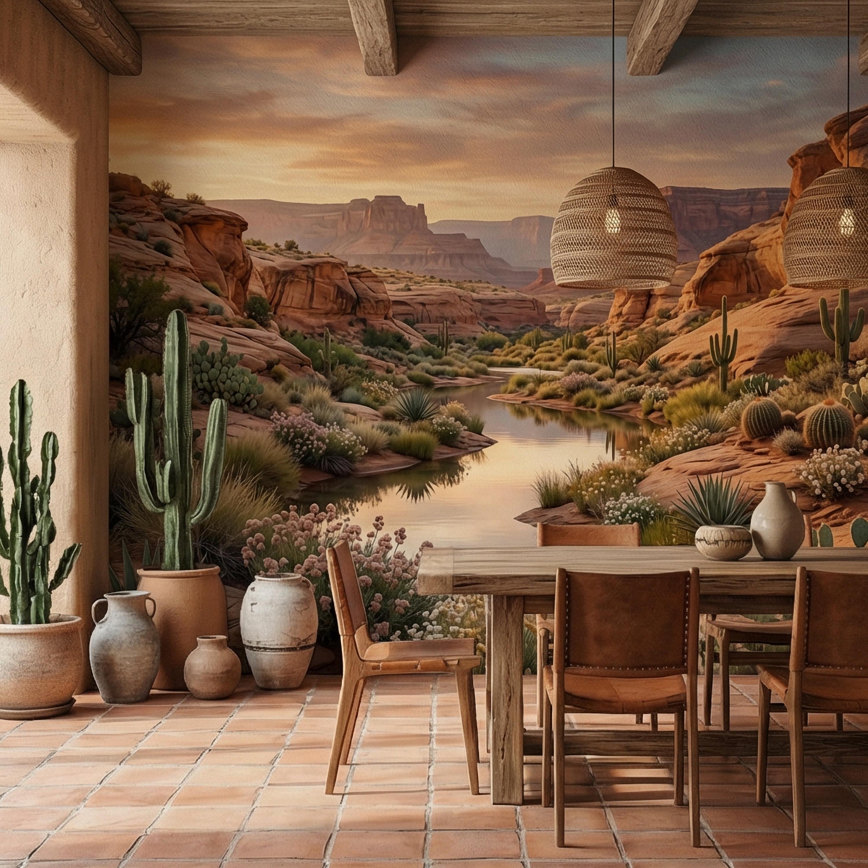 Southwest Desert Canyon Sunset Peel and Stick Wall Mural, Arizona Red Rock Desert Landscape Wallpaper